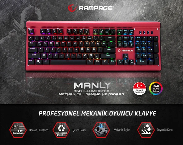 RAMPAGE KB R18 Myth USB Gökkuşağı Aydınlatmalı Q Mekanik Gaming Kablolu Klavye Kırmızı (YENİLENMİŞ 2. EL ÜRÜN) ürün görseli 1