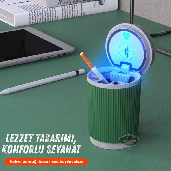 Üniversal Kahve Bardağı Görünümlü Led Işıklı Yanmaz Koku Geçirmez Oto Küllük Dumansız Sızdırmaz Kapaklı Araç İçi Küllük Araba Küllüğü Yeşil Beyaz ürün görseli 1