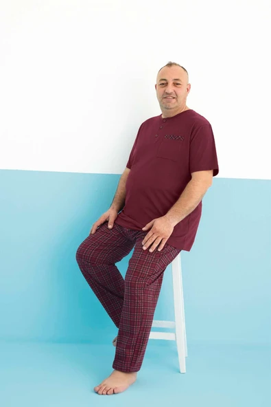 Aydoğan Erkek Dinç Büyük Beden Koton Kısa Kol Bordo Pijama Takım 0180 ürün görseli 1