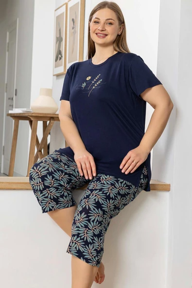 Aydoğan Kadın inci Büyük Beden Lacivert Kapri Pijama Takım 0073 ürün görseli 1