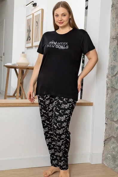 Aydoğan Kadın inci Büyük Beden Kısa Kol Siyah Pijama Takım 0056 ürün görseli 1