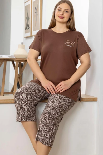 Aydoğan Kadın inci Büyük Beden Kahve Kapri Pijama Takım 0070 ürün görseli 1
