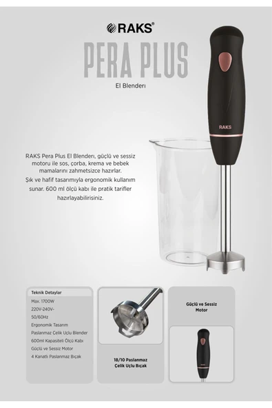 Raks Pera Plus 1700 Watt Paslanmaz 4 Bıçaklı 600 Ml.ölçme Kabı ve Kahvaltı Bıçağı Hediyeli El Blender ürün görseli 1