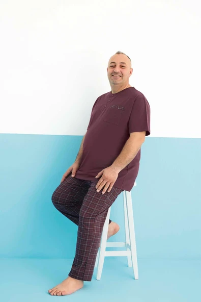 Aydoğan Erkek Dinç Büyük Beden Koton Kısa Kol Vişne Pijama Takım 0007 ürün görseli 1