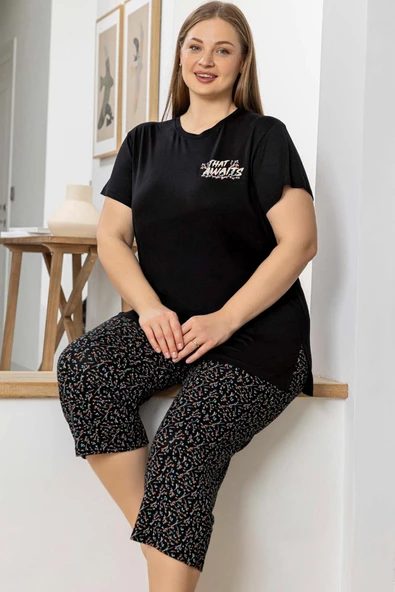 Aydoğan Kadın inci Büyük Beden Siyah Kapri Pijama Takım 0074 ürün görseli 1