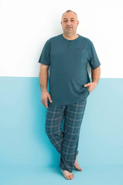 Aydoğan Erkek Dinç Büyük Beden Koton Kısa Kol Petrol Pijama Takım 0179 ürün görseli 1