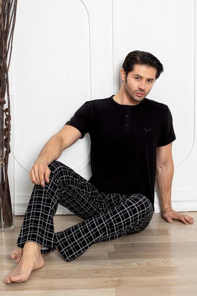 Aydoğan Erkek Civan Modal Kısa Kol Siyah Pijama Takım 7707 ürün görseli 1