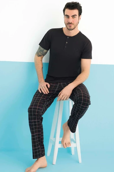 Aydoğan Erkek Civan Modal Kısa Kol Siyah Pijama Takım 0148 ürün görseli 1