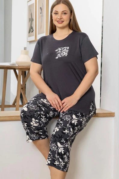 Aydoğan Kadın inci Büyük Beden Koyu Gri Kapri Pijama Takım 0076 ürün görseli 1