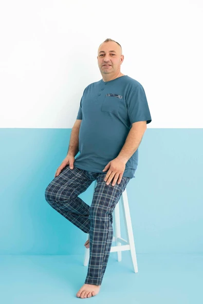 Aydoğan Erkek Dinç Büyük Beden Koton Kısa Kol Turkuaz Pijama Takım 0008 ürün görseli 1