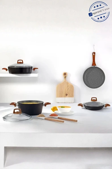 Bonera Vogue 4 Parça Ahşap Kulp Detaylı Granit Tencere Seti ürün görseli 1