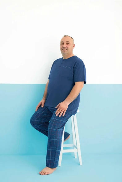 Aydoğan Erkek Dinç Büyük Beden Koton Kısa Kol Koyu Mavi Pijama Takım 0004 ürün görseli 1