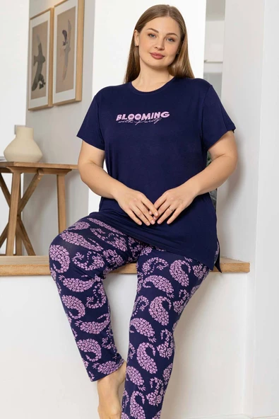 Aydoğan Kadın inci Büyük Beden Kısa Kol Lacivert Pijama Takım 0064 ürün görseli 1