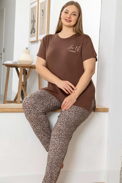 Aydoğan Kadın inci Büyük Beden Kısa Kol Kahve Pijama Takım 0055 ürün görseli 1