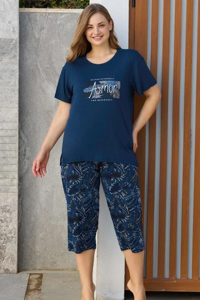 Aydoğan Kadın inci Büyük Beden Lacivert Kapri Pijama Takım 0278 ürün görseli 1