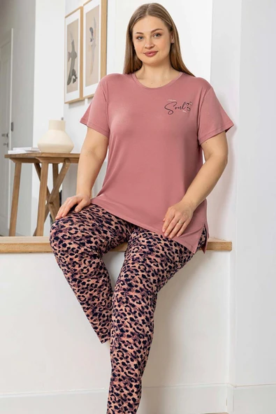 Aydoğan Kadın inci Büyük Beden Kısa Kol Somon Pijama Takım 0054 ürün görseli 1