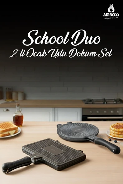 School Duo 2’li Döküm Ocak Üstü Tost Waffle Tava Seti ürün görseli 1