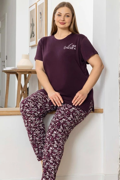 Aydoğan Kadın inci Büyük Beden Kısa Kol Mürdüm Pijama Takım 0057 ürün görseli 1