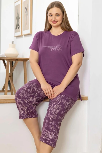 Aydoğan Kadın inci Büyük Beden Menekşe Kapri Pijama Takım 0067 ürün görseli 1