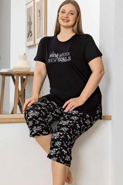 Aydoğan Kadın inci Büyük Beden Siyah Kapri Pijama Takım 0071 ürün görseli 1