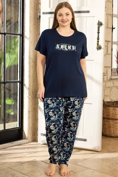 Aydoğan Kadın inci Büyük Beden Kısa Kol Lacivert Pijama Takım 0142 ürün görseli 1
