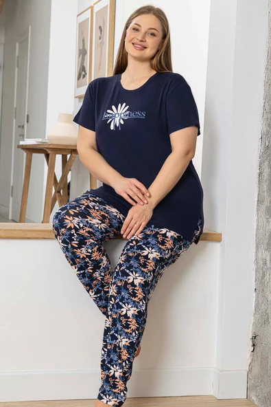 Aydoğan Kadın inci Büyük Beden Kısa Kol Lacivert Pijama Takım 0060 ürün görseli 1