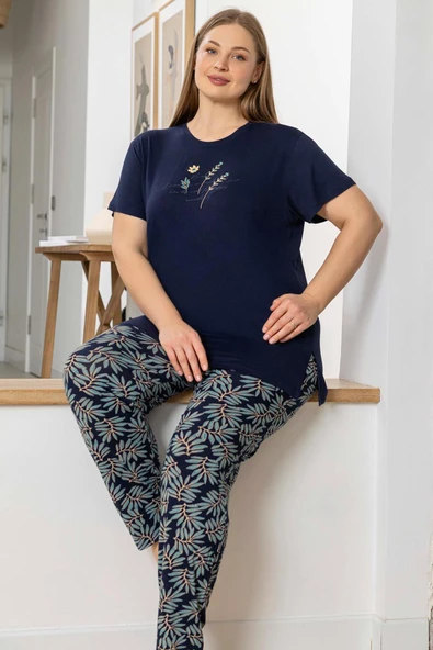 Aydoğan Kadın inci Büyük Beden Kısa Kol Lacivert Pijama Takım 0058 ürün görseli 1