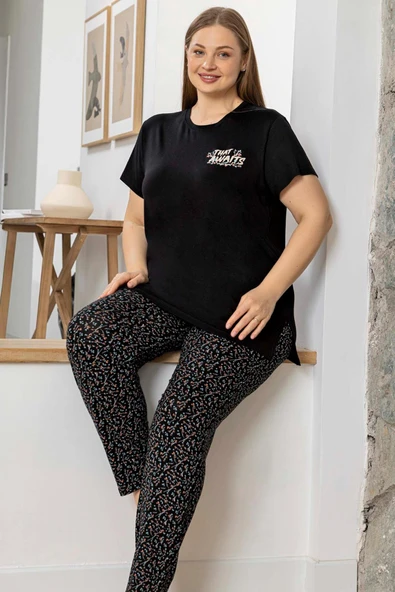 Aydoğan Kadın inci Büyük Beden Kısa Kol Siyah Pijama Takım 0059 ürün görseli 1