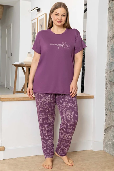 Aydoğan Kadın inci Büyük Beden Kısa Kol Menekşe Pijama Takım 0052 ürün görseli 1