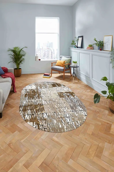 Napoli Home Baskılı Patchwork Sade Modern Yıkanabilir Kaymaz Oval Yolluk Mutfak Salon Halısı ürün görseli 1