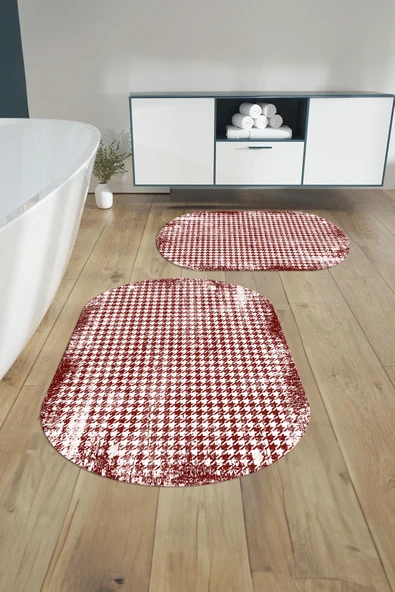 Napoli Home Dijital Yıkanabilir Kare Desen Detaylı Oval Banyo Paspası Klozet Takımı ürün görseli 1