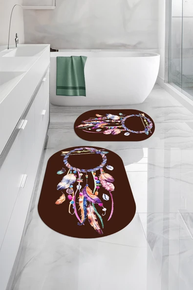 Napoli Home Dijital Yıkanabilir Kaymaz Taban Kuş Tüyü Desenli Oval Banyo Paspası Klozet Takımı ürün görseli 1