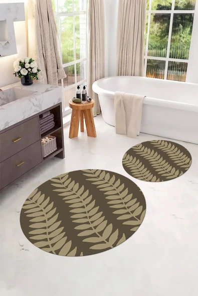 Napoli Home Baskılı Yıkanabilir Kaymaz Taban Yaprak Desenli Yuvarlak Banyo Paspası Klozet Takımı ürün görseli 1