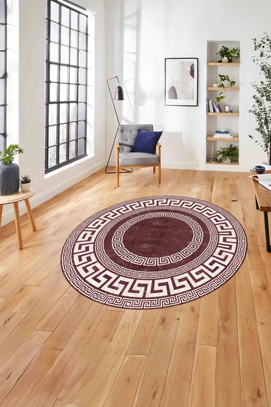 Napoli Home Çerçeveli Vektörel Modelli Sade Yıkanabilir Kaymaz Taban Yuvarlak Salon Halısı ürün görseli 1