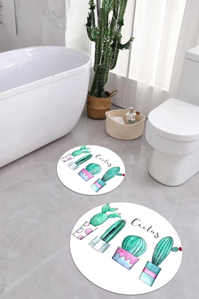 Napoli Home Baskılı Yıkanabilir Kaymaz Taban Kaktüs Model Yuvarlak Banyo Paspası Klozet Takımı ürün görseli 1
