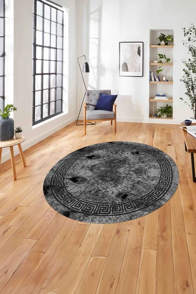 Napoli Home Çerçeveli Gül Detaylı Yıkanabilir Kaymaz Taban Yuvarlak Salon Halısı ürün görseli 1