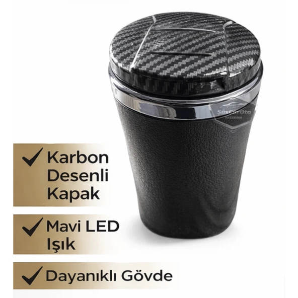 Üniversal Porselen Yanmaz Koku Geçirmez Mavi Işıklı Lüx Oto Küllük Dumansız Kapaklı Spor Araç İçi Küllük Araba Küllüğü Karbon Kapak ürün görseli 1