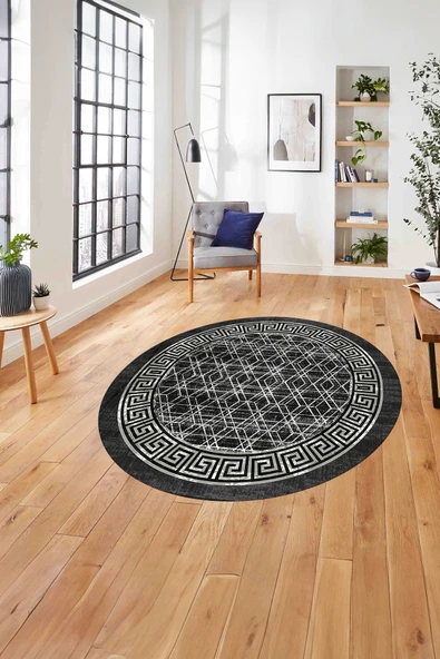Napoli Home Çerçeveli Dörtgen Detaylı Yıkanabilir Kaymaz Taban Yuvarlak Salon Halısı ürün görseli 1
