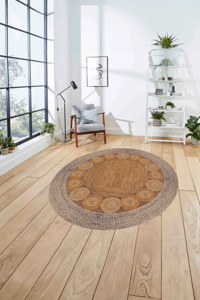 Napoli Home Dijital Baskılı Jüt Model Çerçeveli Yıkanabilir Kaymaz Yuvarlak Mutfak Salon Halısı ürün görseli 1