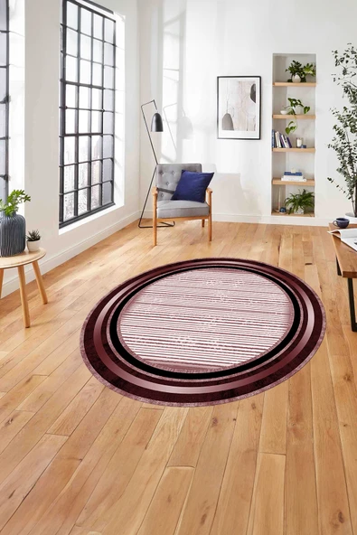 Napoli Home Çerçeveli Modern Çizgi Desenli Yıkanabilir Kaymaz Taban Yuvarlak Salon Halısı ürün görseli 1