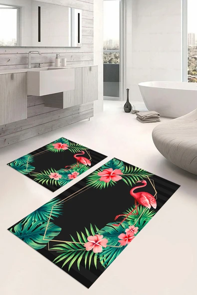 Napoli Home Dijital Baskılı Yıkanabilir Renkli Flamingo Desenli Banyo Paspası Klozet Takımı ürün görseli 1