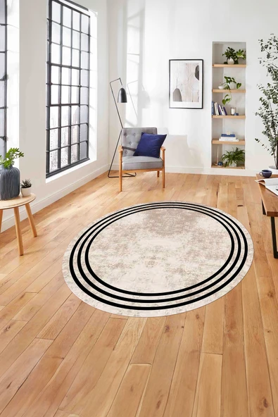 Napoli Home Çerçeveli Kenar Çizgi Motifli Yıkanabilir Kaymaz Taban Yuvarlak Salon Halısı ürün görseli 1