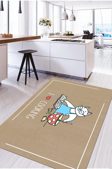Napoli Home Baskılı Yemek Pişiren Kedi Motifli Yıkanabilir Kaymaz Taban Yolluk Salon Mutfak Halısı ürün görseli 1