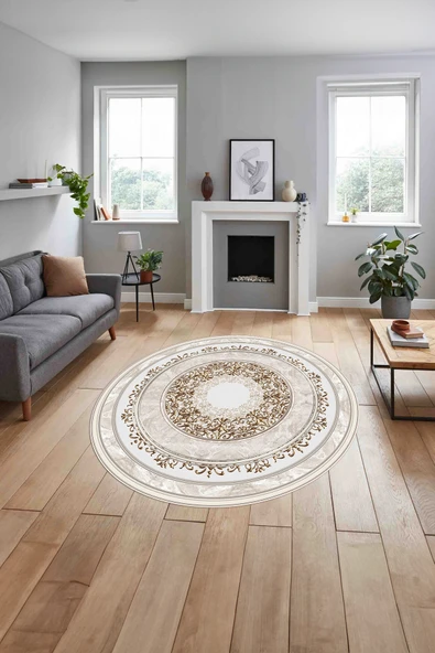 Napoli Home Klasik Model Göbek Detaylı Baskılı Yıkanabilir Kaymaz Taban Yuvarlak Salon Halısı ürün görseli 1