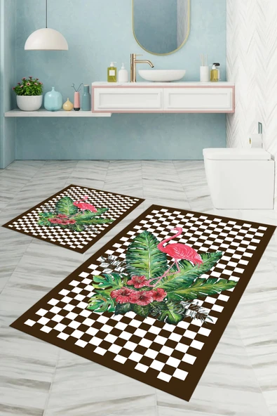 Napoli Home Dijital Baskılı Yıkanabilir Kaymaz Taban Flamingo Desenli Banyo Paspası Klozet Takımı ürün görseli 1
