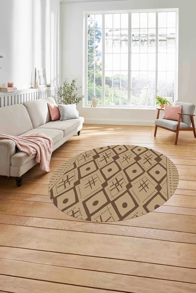 Napoli Home Baskılı İskandinav Etnik Kilim Yıkanabilir Kaymaz Yuvarlak Mutfak Salon Halısı ürün görseli 1