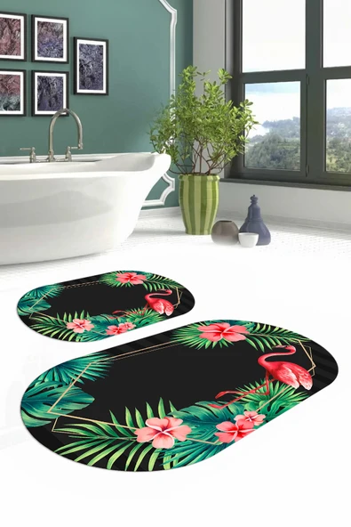 Napoli Home Dijital Yıkanabilir Renkli Flamingo Desenli Oval Banyo Paspası Klozet Takımı ürün görseli 1