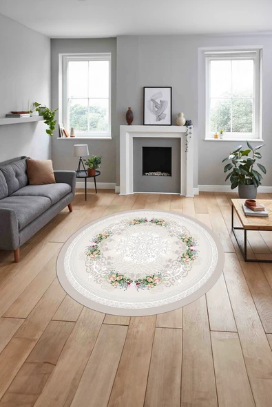 Napoli Home Baskılı Klasik Çerçeveli Çiçek Model Yıkanabilir Kaymaz Taban Yuvarlak Salon Halısı ürün görseli 1