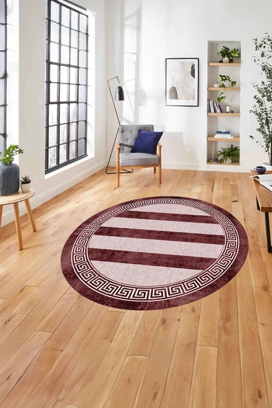 Napoli Home Çerçeveli Düz Çizgi Detaylı Yıkanabilir Kaymaz Taban Yuvarlak Salon Halısı ürün görseli 1