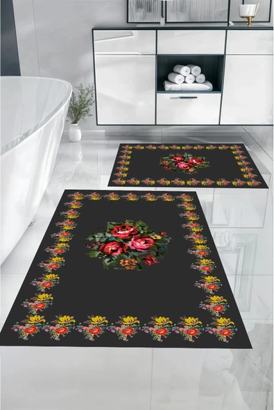 Napoli Home Dijital Baskılı Yıkanabilir Çerçeveli Çiçek Desenli Banyo Paspası Klozet Takımı ürün görseli 1
